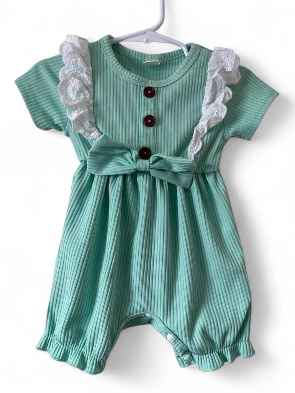3-6M Girls Vintage Inspo Boho Cottage One Piece Romper Jumpsuit Ribbed Lace Bow